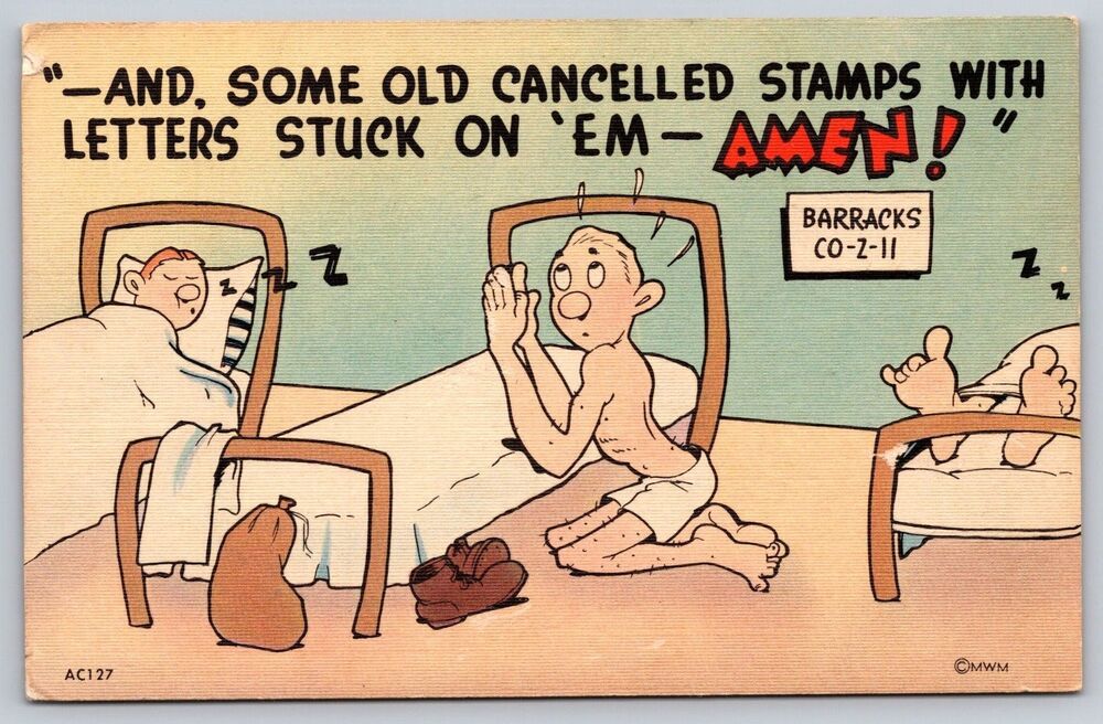 Vintage MWM Comic Military Postcard AC127 Soldier Praying Barracks Unposted